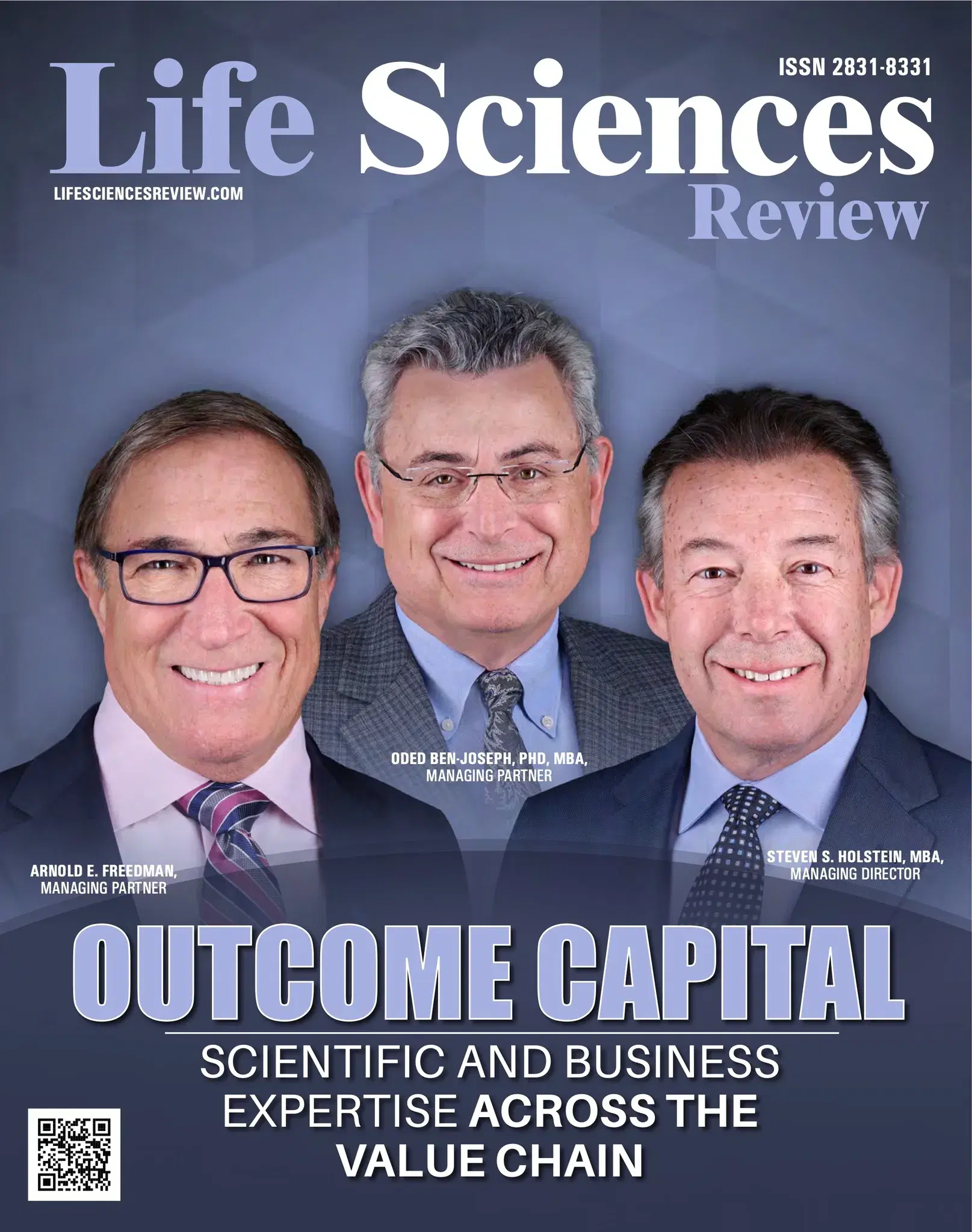 Life Sciences Review January 2025 cover featuring Outcome Capital's leadership, portraits by Damon Bates