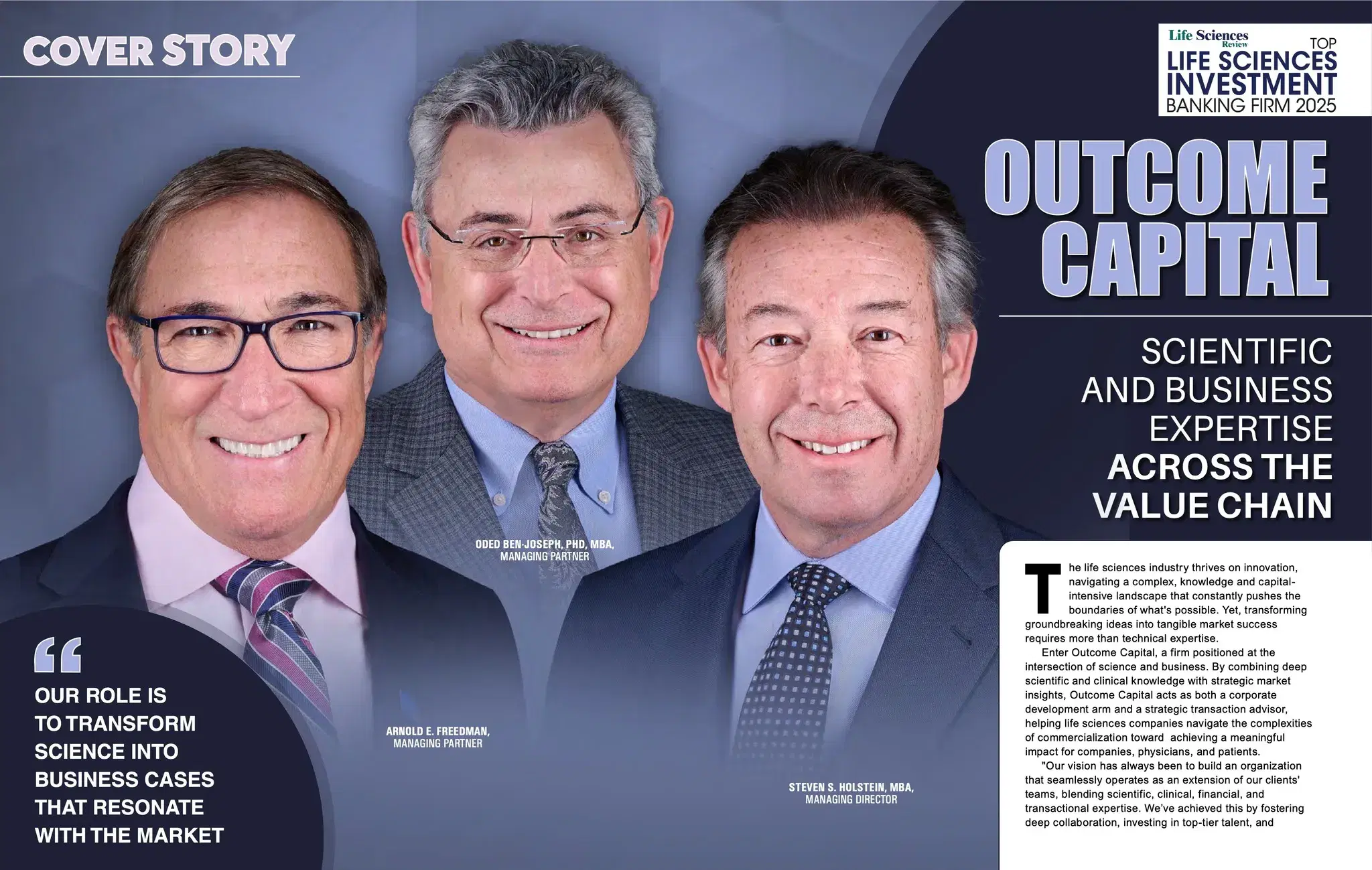 Opening spread of the Life Sciences Review cover story on Outcome Capital, with executive portraits by Damon Bates