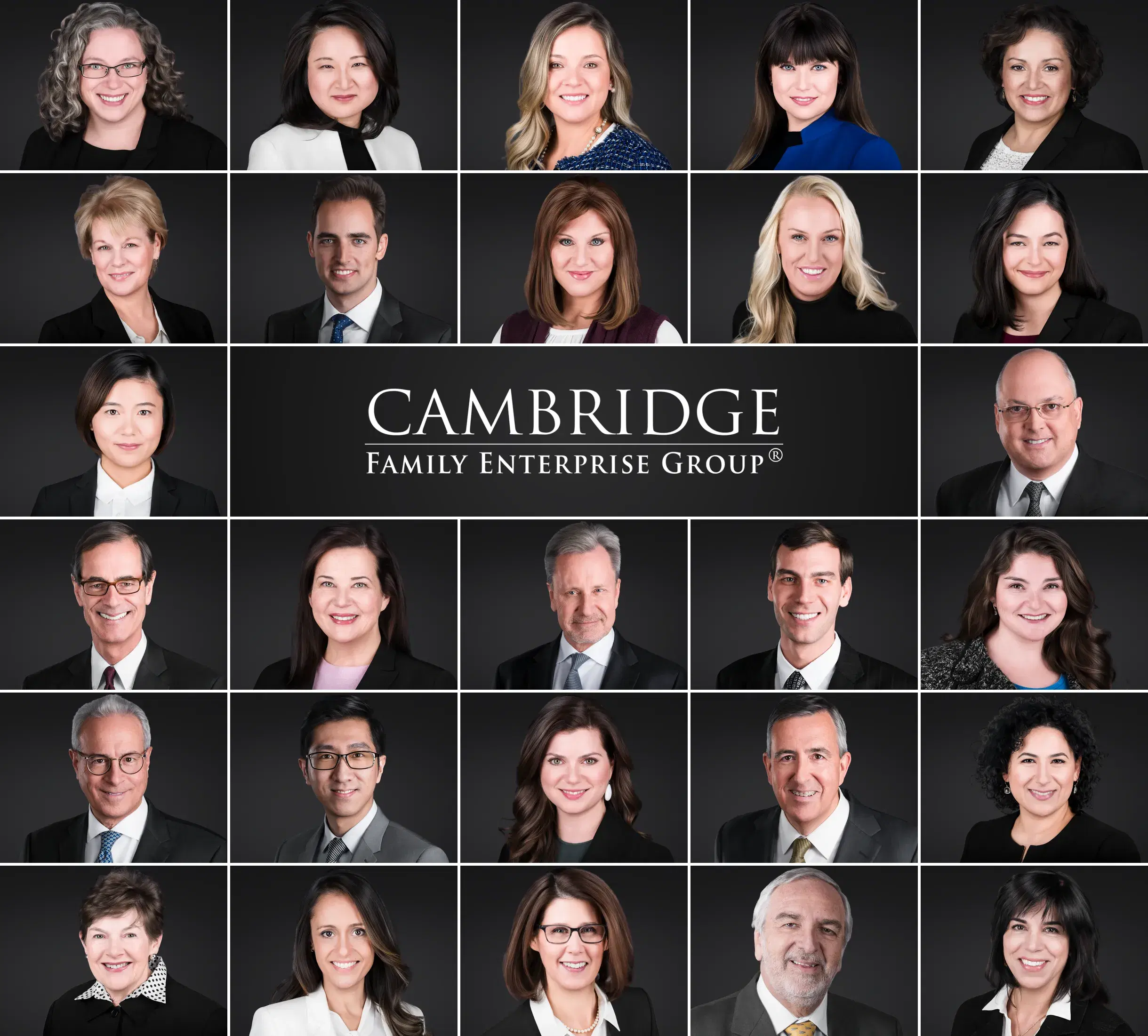 Team headshots of 27 Cambridge Family Enterprise Group staff in Cambridge, MA, one consistent look across the team, by Damon Bates Photography